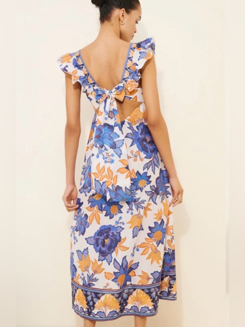 Worn Once: Farm Rio Scoop Neck Ruffle Midi Dress, Tie-Back, Floral Midi, sz XS/S
